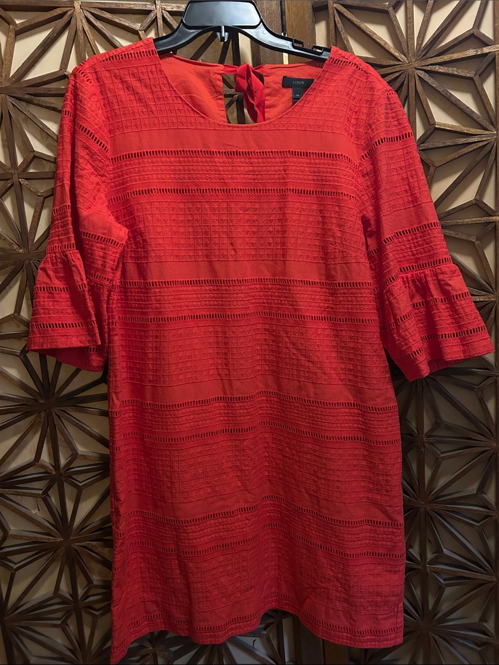 J. Crew Red Crochet Mini Dress with Bell Sleeves fully lined size 14